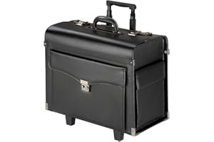 TecTake Black Leather Large Pilot Case - Wheeled Cabin Bag Laptop Case Flight Suitcase - Modern Design Business Travel Trolley, Telescopic Handle, Twin Lock Mechanism for Men & Women