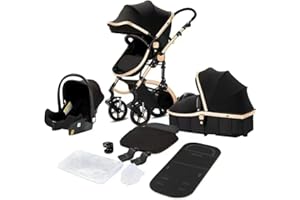 GENERIC 3 in 1 Baby Travel System - Foldable Lightweight Pram, Pushchair, Portable Stroller with Aluminium Frame in Black and Rose Gold for Newborns and Toddlers