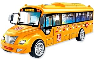 HAJXXMM Bus Toy for Toddler Car Toys with Lights and Sounds, Simulated Functional Doors, School Bus Powered Race Cars Set for Kids Birthday Party Favors-Yellow