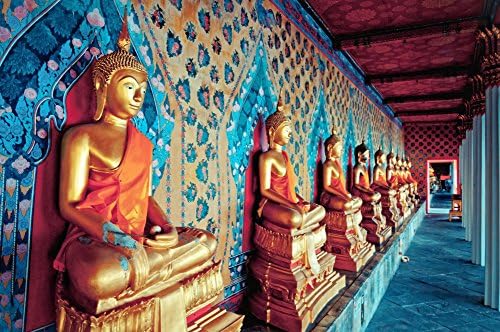 Photo Wall Mural GOLDEN STATUES of BUDDHA (346P)-350x260 cm in 7 Strips-each 50cmx260cm- DIGITAL PRINTING Wallpaper XXL-Sea Stones Window View Landscape Nature-Kitchen Children Dining Living