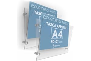 3DScube n.2 PEZZI Cartella in plexiglass da parete a tasca apribile, porta avvisi e depliant formato A4 orizzontale 30x21 cm, completa di distanziali in alluminio