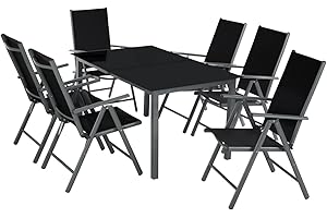 TecTake® Conjunto Muebles Jardín Exterior 7 Piezas, Mesa y Sillas Terraza con Estructura de Aluminio, Sillas Plegables y Reclinables, Impermeables, Vidrio de Seguridad, Tela Transpirable - Antracita