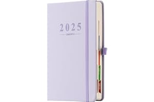 GOLDAYPLN Agenda académique 2025 journalier 2025, format A5, planificateur journalier de janvier 2025 à décembre 2025, avec onglets mensuels colorés, poche intérieure, porte-stylo (violet)
