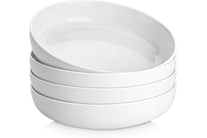 MALACASA, série LUNA, Lot de 4 Bols à Pâtes en Porcelaine de 1440ml, Grands Bols à Salades avec Bordure Incurvée, Va au Lave-vaisselle, au Micro-ondes et au Four, Blanc