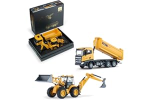 Top Race Retroexcavadora a presión y camión volquete juguete para niños y niñas, modelos de vehículos de construcción de metal pesado, escala 1:15, juego de 2