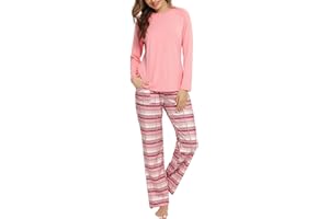 Uniexcosm Pijama Mujer Largo, Pijama Mujer Cuadros Pijama Conjunto Mujer Algodón Conjuntos de Pijama con Cuello Redondo Plaid Pajamas 2 Piezas con Bolsillo Suave para Hogar