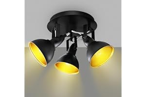 Unikcst LED Ceiling Light Rotatable, Retro 3 Way Ceiling Spotlights with Round Plate, Matt Black Metal Ceiling Lights Fittings for Kitchen,Bedroom,Living Room,Hallway, E14 Bulb Base(No Bulbs)
