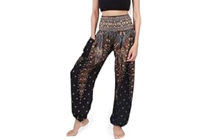 BANJAMATH Women's Smocked Waist Harem Hippie Trousers Boho Yoga Bohemian Pants