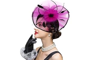 discoball Damen Fascinator Haarreif Haarclip eleganter Haarschmuck mit Federn Blumen Kopfbedeckung Braut Hochzeit (Rosarot+Schwarz)