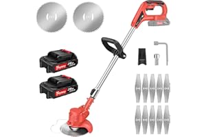 BOWOSE Metal Blade Cordless Strimmer Lightweight Grass Trimmers With 10 Metal Blades, 2 Saw Disc, 2 1.5Ah Batteries, 15cm Cutting Diameter, Adjustable Height and Cutting Head, For Lawn Garden (Red)