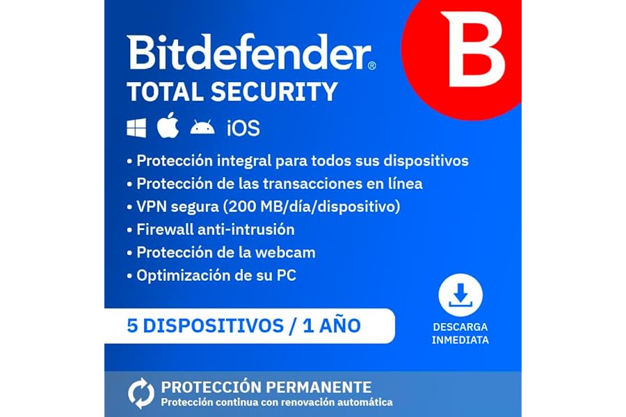 Bitdefender Total Security 2026| 5 Dispositivos | 1 Año | PC/Mac/iOS/Android | Código de activación por email | Renovación au