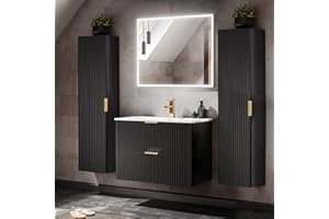 Lomadox Badezimmermöbel Komplett Set, matt schwarz in Rillenoptik, 80cm Waschtisch mit Unterschrank, Keramik Waschbecken, LED-Spiegel, Hochschrank, B/H/T 180/200/46 cm