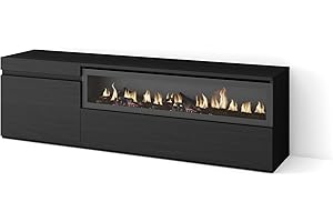 Skraut Home | Mueble TV | Televisión | Muebles de salón, almacenaje | 150x45x35cm | para TV hasta 65" | Chimenea eléctrica | Estilo Moderno | Negro