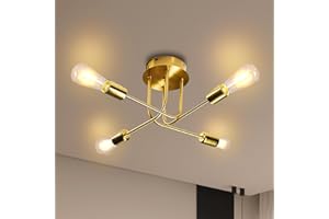 niuniaj Lampara Techo Industrial 4 Luces Lampara de Techo Plafon Sputnik E27 Lámpara de Araña Vintage,Lampara de Techo para Dormitorio,Sala de Estar,Cocina,Comedor, Dorado(Sin Bombilla)