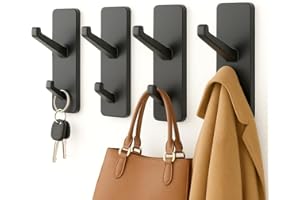 susswiff Wall Hooks Stick On for Hanging Coats - Strong Sticky Hooks, Heavy Duty (Hold 6KG), Self Adhesive Hook for Towel, Coats, Key, for Bathroom, Door, Kitchen, Dorm, Black, Metal, 4 Pack