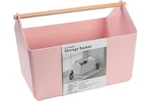 BLUE GINKGO Grand Panier de Rangement – Caddy en Plastique avec Poignée en Bois pour Salle de Bain, Placard ou Produits Ménagers (Rose)
