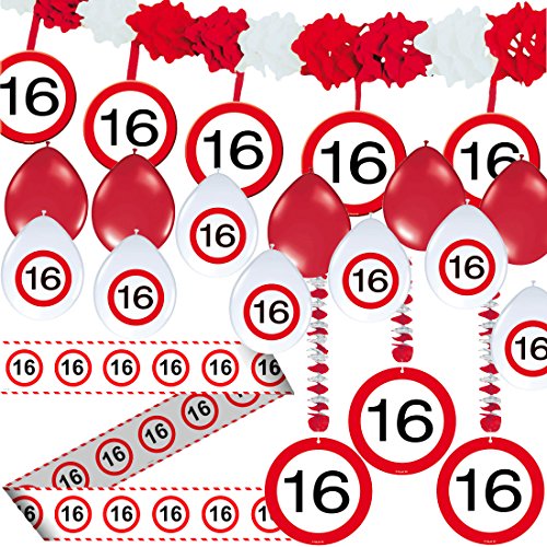 23-tlg. Partyset * 16. GEBURTSTAG * mit Verkehrschild Deko: Girlande + Rotorspiralen + Absperrband und vielen Luftballons von CARPETA® // Dekoset Dekobox Verkehrsschild