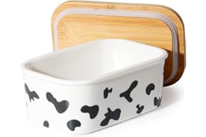 Theo&Cleo Beurrier en céramique avec couvercle en bois, rangement de beurre de 250 g, boîte à beurre en porcelaine vintage (vaches)