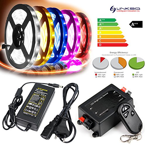 Preisvergleich Produktbild LinkSquare 5m Komplettpaket 5050 Einfarbige (Weiß / Kaltweiß / Warmweiß / Rot / Grün / Blau / Rosa-Lila) Wasserdicht IP65 300 SMD LED Lampe Licht Beleuchtung Strip Streifen Band Leiste mit 3 Key Tasten RF Fernbedienung Funk Regler Dimmer Controller und AC / DC 12V EU Netzteil Trafo Stromversorgung Adapter (Warmweiß "3000K-35000K")
