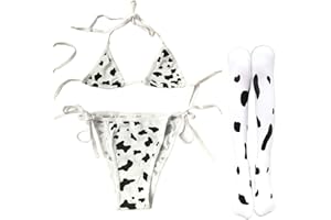 SINROYEE Kostium cosplay anime seksowna mini krowa bikini zestaw bielizny strój pokojówki dalmatyńskie mleko lampart strój kąpielowy, Zestaw biustonoszy bikini i pończochy krowa, rozmiar uniwersalny