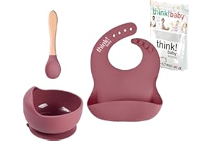 ILONDON Think Baby ® Plastic Free Anti Slip Bowl Bib & Spoon Set - Created in UK - BPA Free Non Toxic - Silicone & Bamboo Weaning Set - Improved Design High Suction - Food Grade Baby Weaning Set 1 Pack
