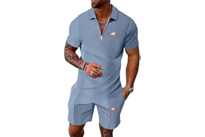 Tinarying Men's Tracksuit Polo Shirt & Shorts 2 Pieces Boss Flexx Apparel Men's 2-Piece Activewear Short Sleeve Polo Shirt and Shorts Set Casual Sportswear Zip-Up Top with Pocketed Pants