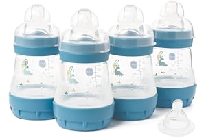 MAM Easy Start Lot de 4 biberons anti-coliques auto-stérilisants MAM à débit lent Taille 1 + 1 tétine à débit moyen Taille 2 Bleu