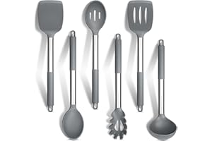HaWare Kitchen Utensils Set of 6, Silicone Cooking Utensils with Stainless Steel Handle, Heat Resistant Kitchen Tools for Non-Stick Cookware, Ladle Turner Spoon Pasta Server, Dishwasher Safe-Grey
