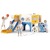 11 in 1 Kids Slide with Magnetic Whiteboard, Basketball Basket, Mini Golf and Tunnel, Tilt Resistant, HDPE for Indoor and Out