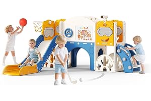 STYPLZ Kinderrutsche, große Kleinkind Rutsche mit Basketballkorb,Klettergerüst für den Garten, Teleskop, Stauraum, für 1-3 Jahre,extra Lange 1700 mm (-Sieben-in-einem-Blau-Orange-)