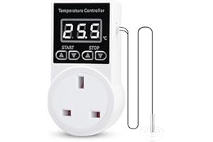 XIEHUZA Digital Thermostat Plug Socket, LCD Screen Temperature Controller with Water Proof Sensor Probe, Heating Cooling Temperature Switch Outlet for Reptile Greenhouse Terrarium Home, 10A