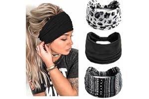 Generse Wide Headband Black Flower Boho Hair Band Elastic Yoga Head Wraps for Women and Girls 3Pcs (A)