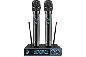 VeGue Microfono Wireless Professionale, Microfono Senza Fili Bluetooth con 2 Microfoni UHF per Karaoke Festa,Spettacolo, Bar, Riunione, DJ, Chiesa, Matrimonio（VW-022）