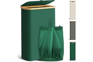 YOUDENOVA Laundry Basket with Lid 48-Litre Large Washing Baskets for Laundry with Laundry Bag Collapsible Laundry Baskets with Handles Laundry Hamper Bamboo Laundry Bin for Bedroom, Bathroom, Green