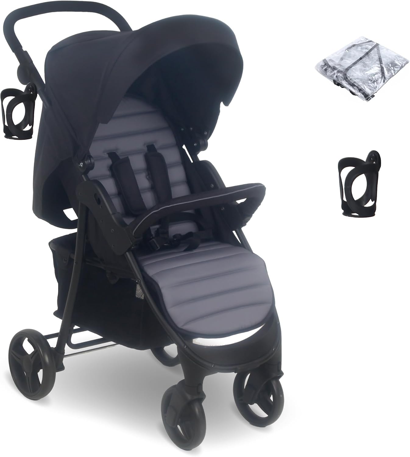 My Babiie MB30 Pushchair – from Birth to 4 Years (22kg), Easy Compact Fold, Large Shopping Basket, Adjustable Handle, Stroller Includes Cup Holder, Rain Cover – Black & Grey