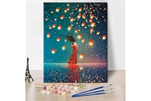 TISHIRON Kit da donna per dipingere con i numeri, in piedi sull'acqua contro le lanterne, colore galleggiante con i numeri con pennelli e pigmento per decorazione della parete della casa, 40 x 50 cm