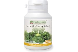 HEALTH LEADS ...WORKING WITH NATURE Folate (L-Methylfolate) 400μg x 90 Capsules - 5-MTHF Active Form of Folic Acid/Vitamin B9 - Supports Normal Maternal Tissue Growth During Pregnancy - PRENATAL- Magnesium Stearate Free - Made in Wales