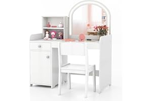 LIFEZEAL Specchiera Trucco Bambina, con Luci a Led, Toeletta Trucco Bambina, con Sedia, Postazione Trucco Bambina, con Cassetto e Scaffale, Tavolo Trucco per Bambina 3 Anni + (bianco)
