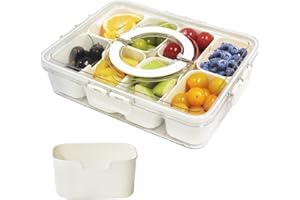 RUNQIN OUTDOOR Bandeja Dividida para Servir con Tapa y Asa, Contenedor Almacenamiento Alimentos Portátil plástico, 8 Compartimentos Extraíbles para Fiestas,Organizador Reutilizable para Verduras,Dulces,Frutas,Nueces