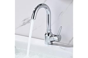 BuntHaus Mitigeur Lavabo Chromé, Robinet Lavabo Haut Pivotant à 360°, Robinet Salle Bain en Acier Inoxydable, Mitigeur de Lavabo Monocommande avec Aérateur Démotable, Facile à Assembler