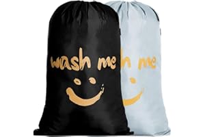 IHOMAGIC 2Pack Laundry Bag Extra Large 100-120L, Foldable Storage Bag with Drawstring Cord Lock Closure, Nylon Clothes Bags for Bedroom or Dormitory and travel, Golden Smile Fabric Bag, Black/Silver