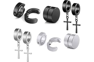 HAOSELL Juego de 6 pares de pendientes de acero inoxidable sin perforación, color negro y plateado