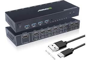AIMOS Przełącznik KVM KCEVE 8 portów, 8 w 1 wyjście HDMI przełącznik obsługuje 4K przy 30 Hz dla 8 komputerów, klawiatura i mysz, obsługa połączenia koncentratora USB, kompatybilny z systemami