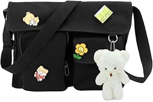 LHHMZ Kawaii Canvas Crossbody Shoulder bag Casual Messenger Bag Canvas Casual School Bag with Cute Pin Pendant For School Teens