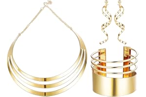 LOLIAS 3 Piezas Conjunto Collar Gargantilla Babero Dorado para Mujer Pulseras Brazalete Puño Ancho Pendientes Colgantes Declaración Banda Brazo Superior Brazalete Muñeca Joyería Festival