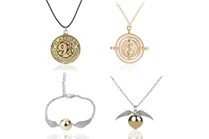 simyron Conjunto de Collar Juego de Joyas de 4 Collares, Snitch Dorados, Time Theme Spins, Giratiempo 360 grados, Time Turner Collar Mágico, Colgante Harry Potter niña