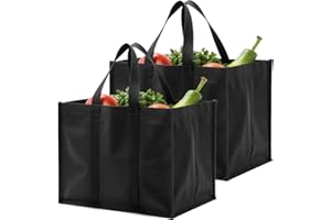 Luxiremi 2 Pcs Black Reusable Grocery Bags Shopping Bag Tote Bag with Handles Foldable Washable Stands Upright Reinforced Bag with Handle-Hold Extra Large & Durable for Daily Life, Picnic, Camping.