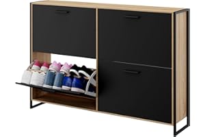 CASABEL Meuble de Rangement à Chaussure Industriel 24 Paires - Double Compartiment - Armoire Etagere Grande Capacité pour Entrée, Couloir - L114xP24xH83 cm - Portes Noires Cadre Bois Clair