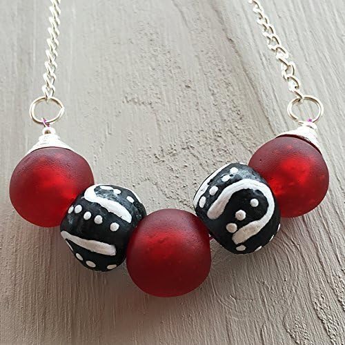 Bead bar silver chain necklace made with red and black African recycled glass beads for women