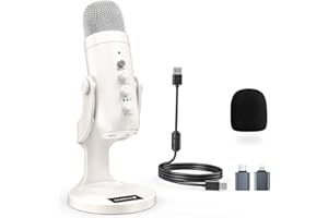zealsound Microfono a Condensatore, Microfono USB, Microfono PC, con Adattatore per Smartphone, Muto Eco, Plug & Play, per Gaming, Streaming, Registrazione, YouTube, Twitch, ASMR, TikTok, bianco